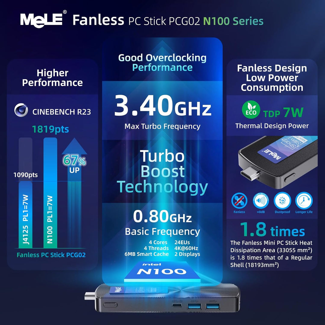 MeLE PCG02 Lüfterloser Mini PC Stick Alder Lake N100(bis zu 3.4GHz) 8GB LPDDR4 128GB ROM Mikro-Deskt
