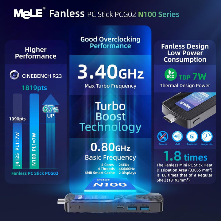 MeLE PCG02 Lüfterloser Mini PC Stick Alder Lake N100(bis zu 3.4GHz) 8GB LPDDR4 128GB ROM Mikro-Deskt