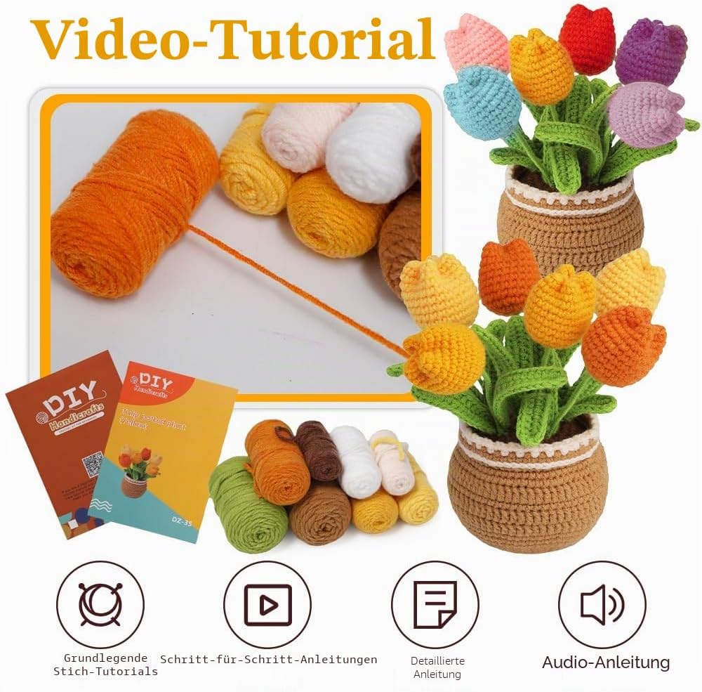 Keboyoe 2 Stück Tulpe Häkelset für Anfänger mit Video Anleitung, Häkeln für Anfänger Set, Diy Häkels