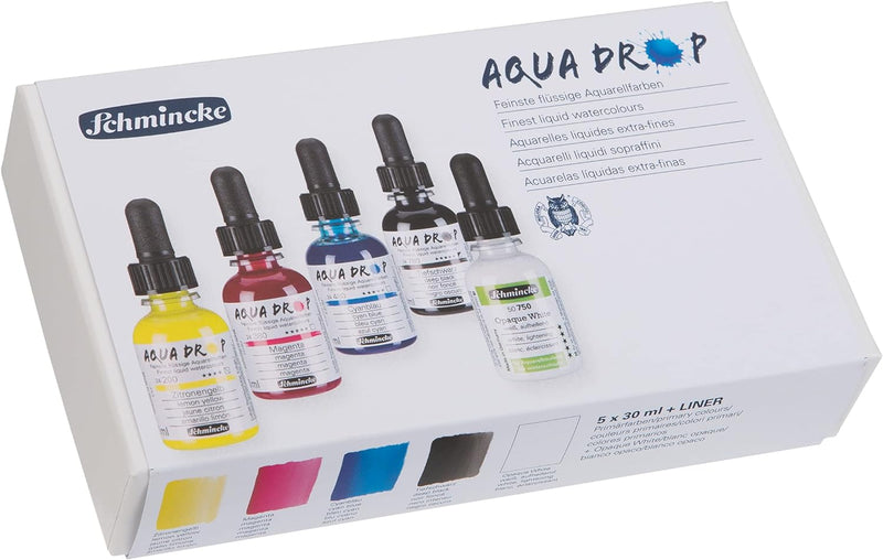 Schmincke - AQUA DROP, flüssige, hochlichtechte Aquarellfarbe, 5 x 30 ml Primärfarben + Opaque White