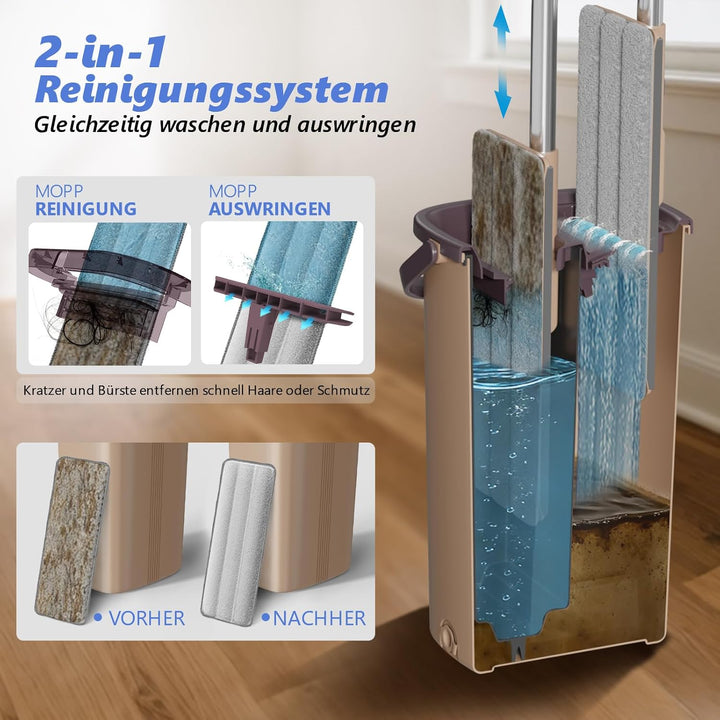 Masthome Wischmopp Set mit Eimer,2 In 1 Putzeimer mit Wischer Wischmopp mit Auswringfunktion, 6 Wisc