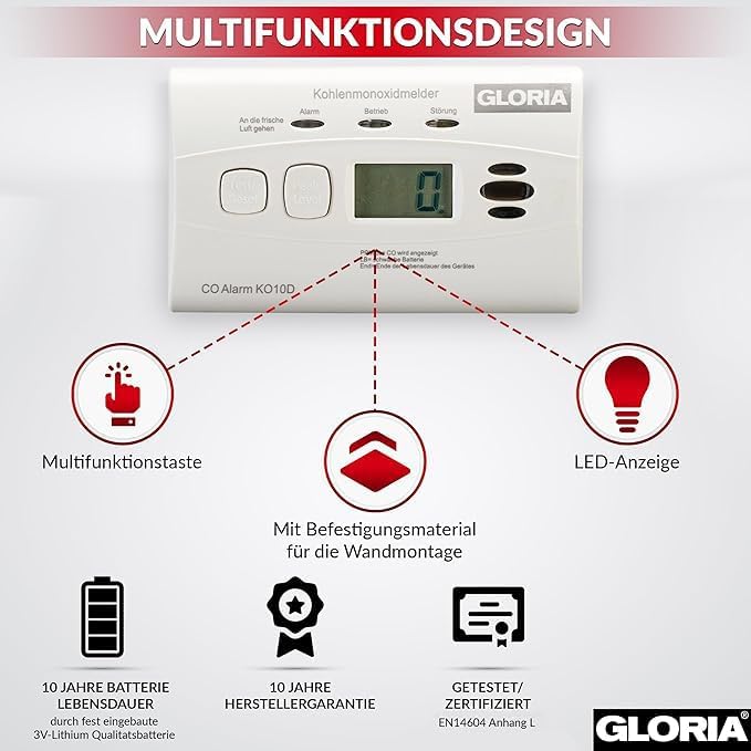 Gloria 2X Kohlenmonoxidmelder KO10D mit 10 Jahren Garantie und fest eingebauter Lithium Batterie