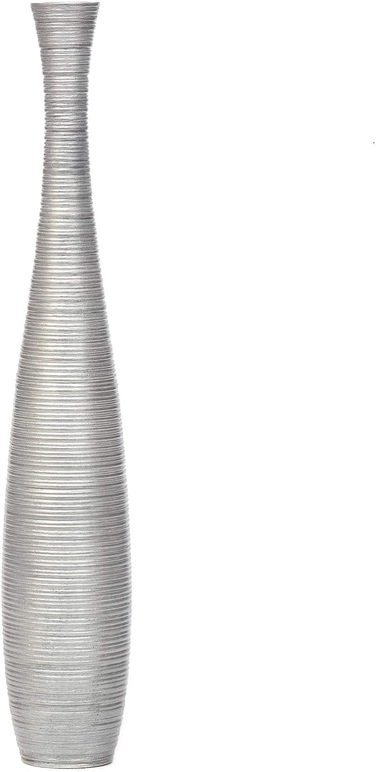 Leewadee Grosse Bodenvase für Dekozweige hohe Standvase Design Holzvase, Holz, 70 cm, Silber 70 cm S