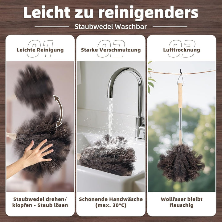 Staubwedel Straussenfedern, Staubwedel Teleskop Waschbar, Ausziehbar bis 125cm für Decken & empfindl