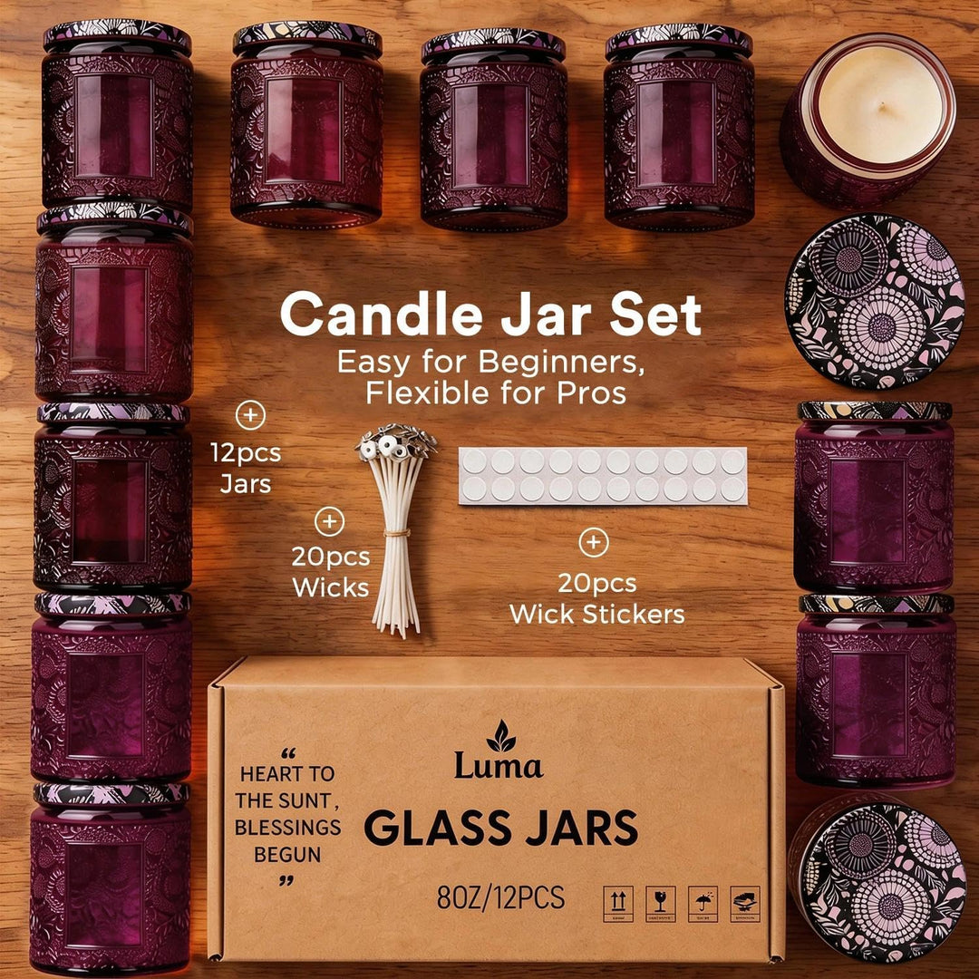 LumaCraft Candle Luxus Relief Kerzengläser zum Kerzen giessen- 12er Pack Leere Glasgefässe mit Luftd