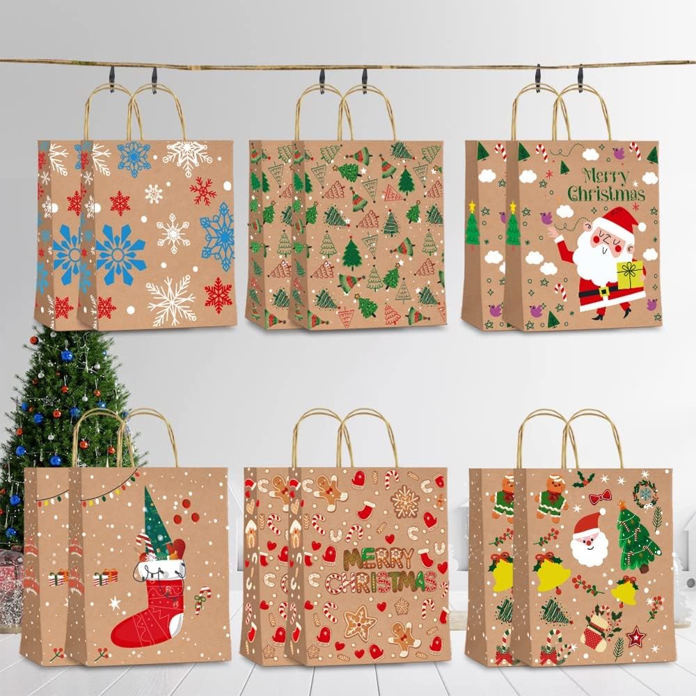 12 Stück Geschenktüten Weihnachten，Papiertüten Weihnachten mit Griff, Kraftpapier Weihnachtstüten fü