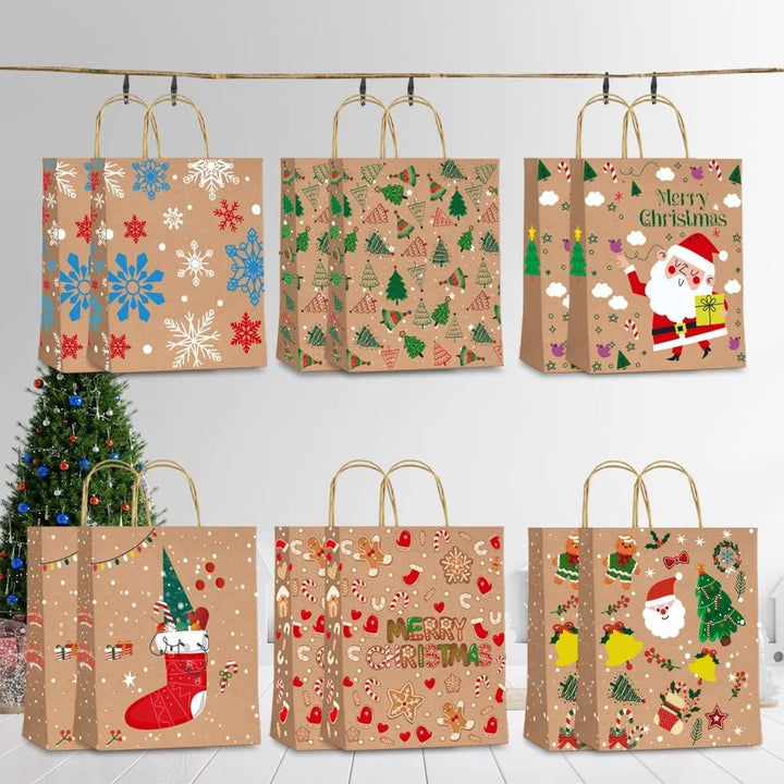 12 Stück Geschenktüten Weihnachten，Papiertüten Weihnachten mit Griff, Kraftpapier Weihnachtstüten fü