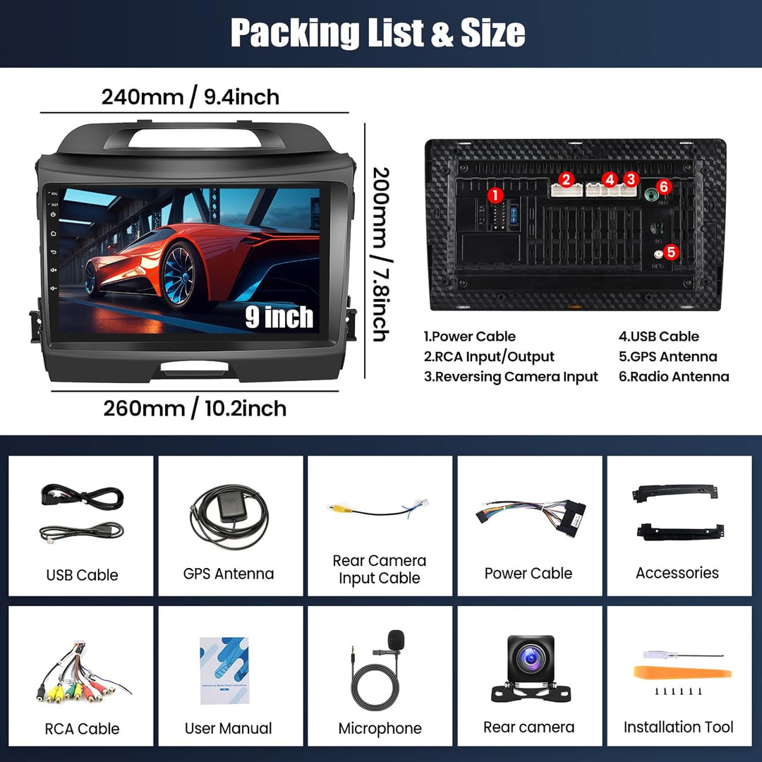 CAMECHO 2+64G Android 13 Navi Autoradio für Kia sportage 2010-2016 mit 9 Zoll Touchscreen HD Rückfah