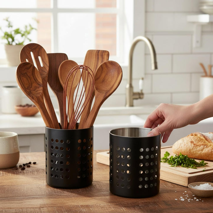 com-four® 2x Besteckabtropfkorb - Küchenutensilienhalter aus Edelstahl - Besteckkorb, Kochlöffelstän