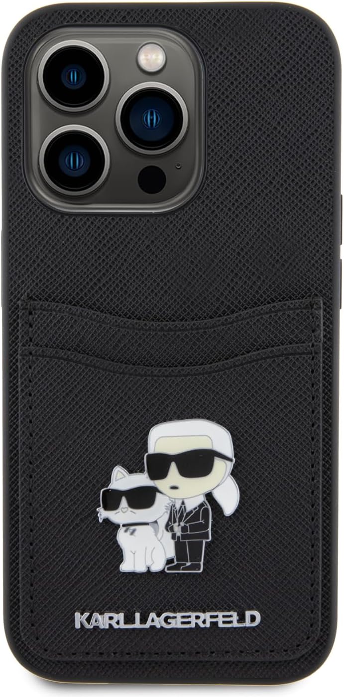CG MOBILE Karl Lagerfeld Saffiano Hülle mit Kartenfach für iPhone 15 Pro (Schwarz), Schwarz