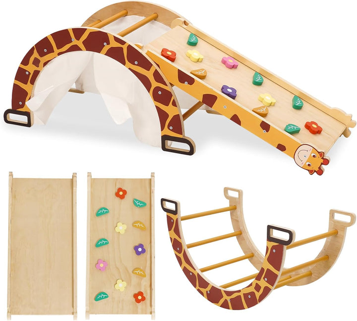 Klettergerüst Indoor mit Bogen, Rutsche, Schaukelstuhl, 4-in-1 Montessori Kletterbogen für Kleinkind