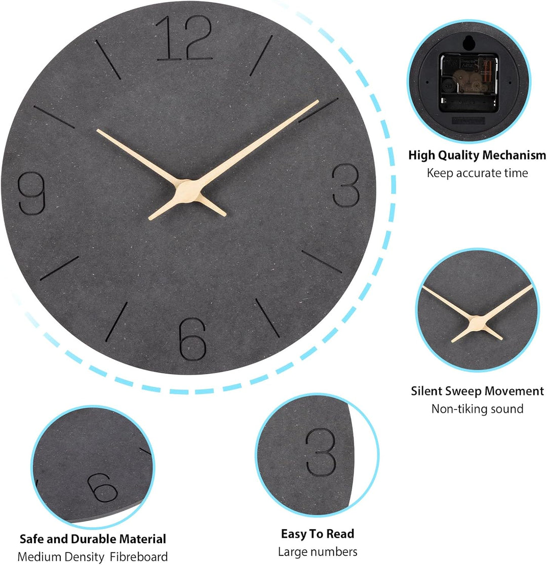 Warminn MDF Holz Wanduhr Ohne TickgeräUsche Lautlos Modern 30cm Quarz Gross Batterie Betriebene Wand