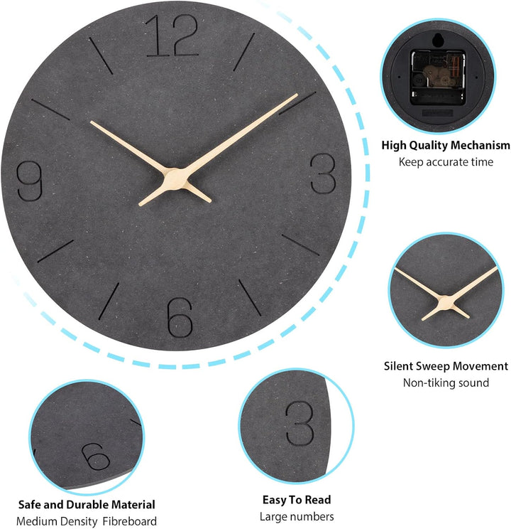 Warminn MDF Holz Wanduhr Ohne TickgeräUsche Lautlos Modern 30cm Quarz Gross Batterie Betriebene Wand