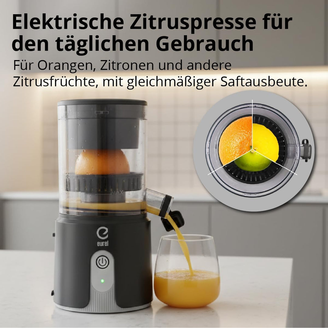 Eurel Akku Zitruspresse OA42, Kabellos USB-C, 7,4V/2200mAh, BPA-frei, grosser Presskegel, Tropfstopp