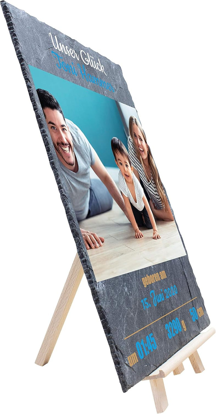 wandmotiv24 Schieferplatte mit eigenem Foto zur Geburt, 20 x 30 cm, inklusive Staffelei, Babyfoto, G
