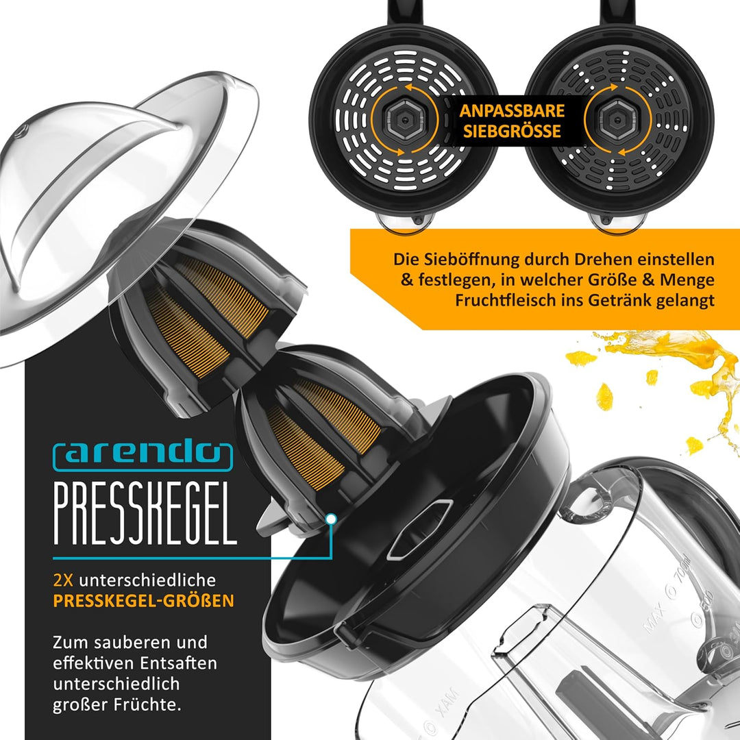 Arendo - elektrische Saftpresse 700 ml - Zitruspresse Orangenpresse Entsafter - 2 Presskegel – Klars