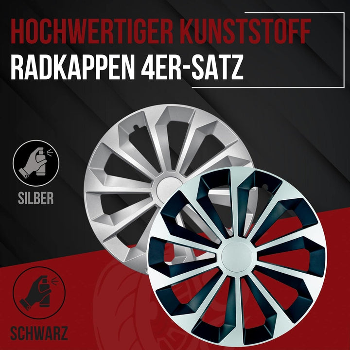 Albrecht 16 Zoll Radkappen silber/schwarz für Stahlfelgen - Fame Radzierblenden aus hochwertigem Kun