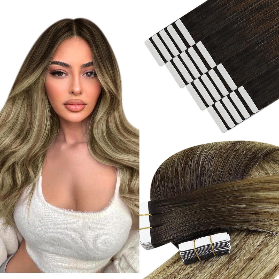 YoungSee Tape in Extensions Balayage Invisible Tape Extensions Echthaar Braun Ombre Blond Echthaar E