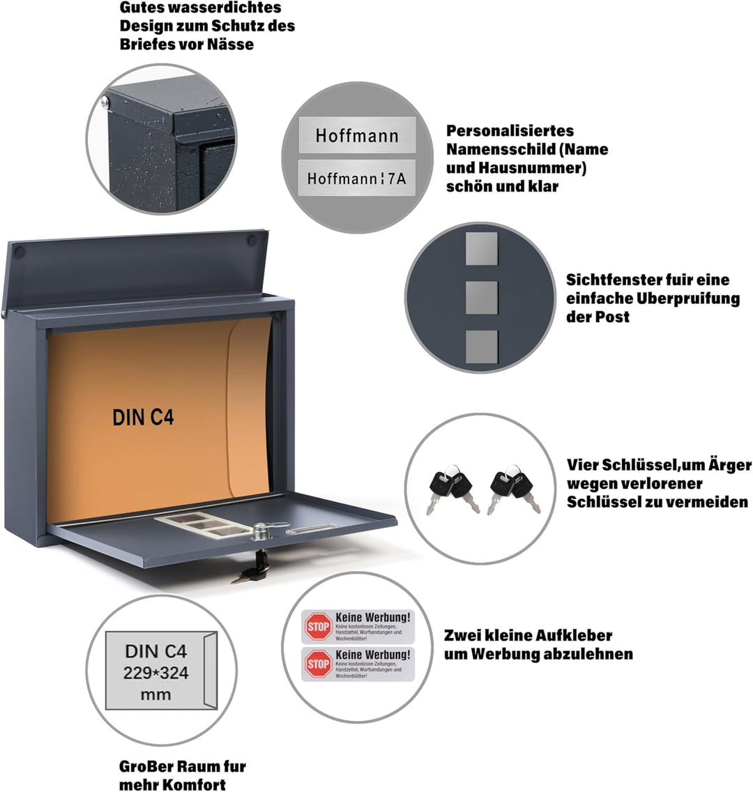 Zedelmaier Briefkasten XL Personalisiert mit Edelstahl Namensschild Anthrazit Wandbriefkasten Postka