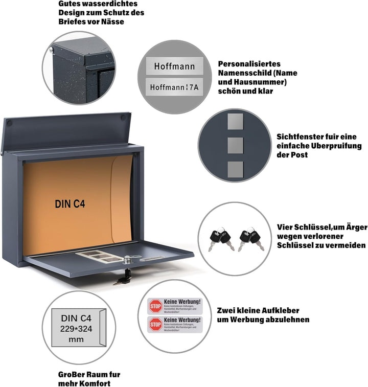 Zedelmaier Briefkasten XL Personalisiert mit Edelstahl Namensschild Anthrazit Wandbriefkasten Postka