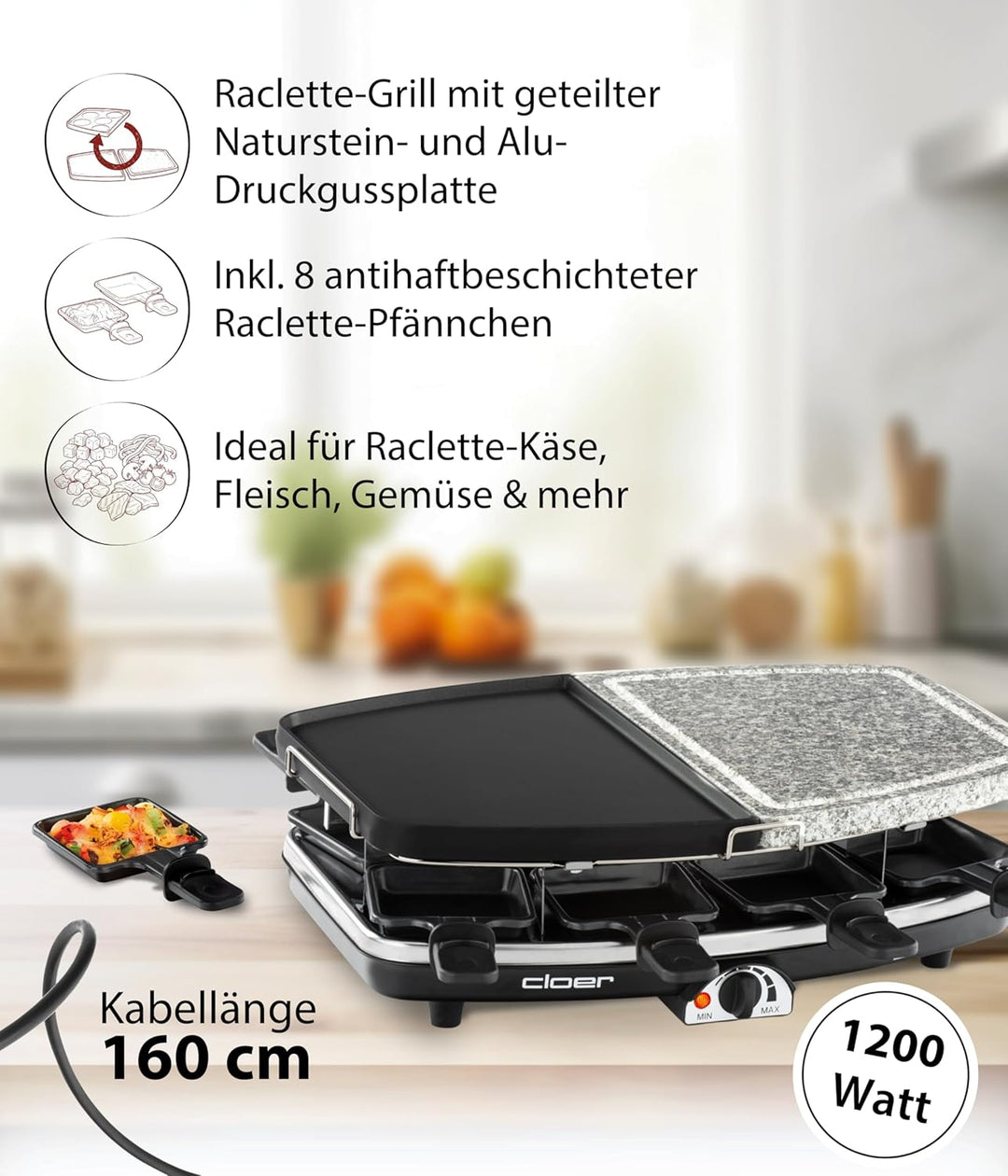Cloer 6435 Raclette mit Naturstein / 1200 W / 8 antihaftbeschichtete Raclettepfännchen Geteilte