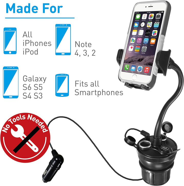 Macally MCUPPOWER 20 cm extralange einstellbare Auto-Halterung für Becherhalter mit 2 USB-Ladegeräte