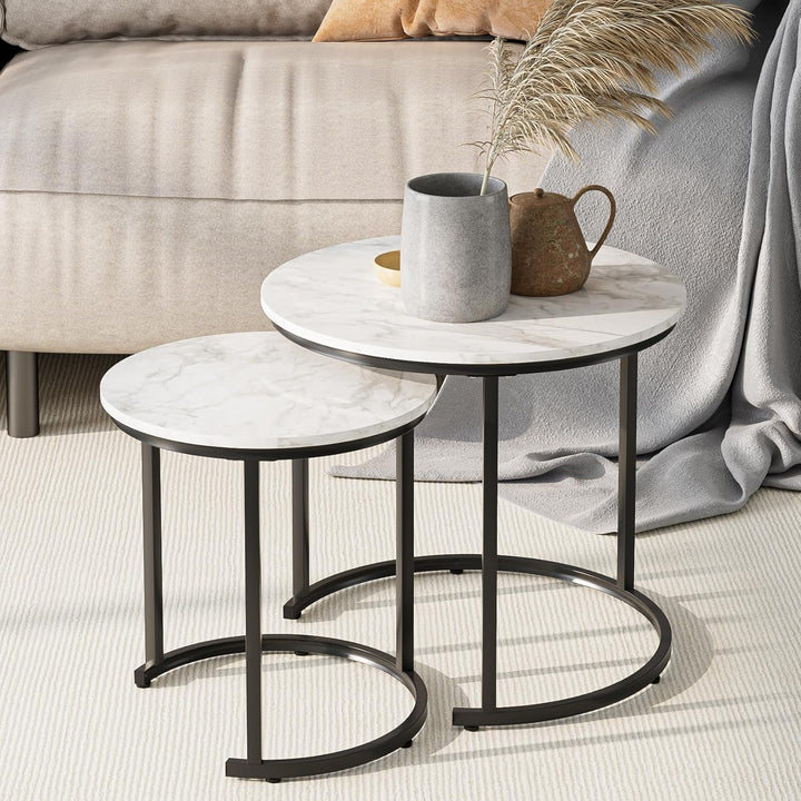 HEYZOEY Couchtisch Rund 2er Set, Wohnzimmertisch, Beistelltische Schwarz Metall, Kaffeetisch für Sof
