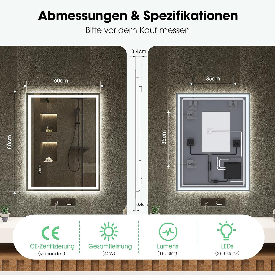 S'bagno Bluetooth-Badspiegel-mit-Beleuchtung-80x60cm, LED-Badezimmerspiegel mit Entfoggen, 3000K-650