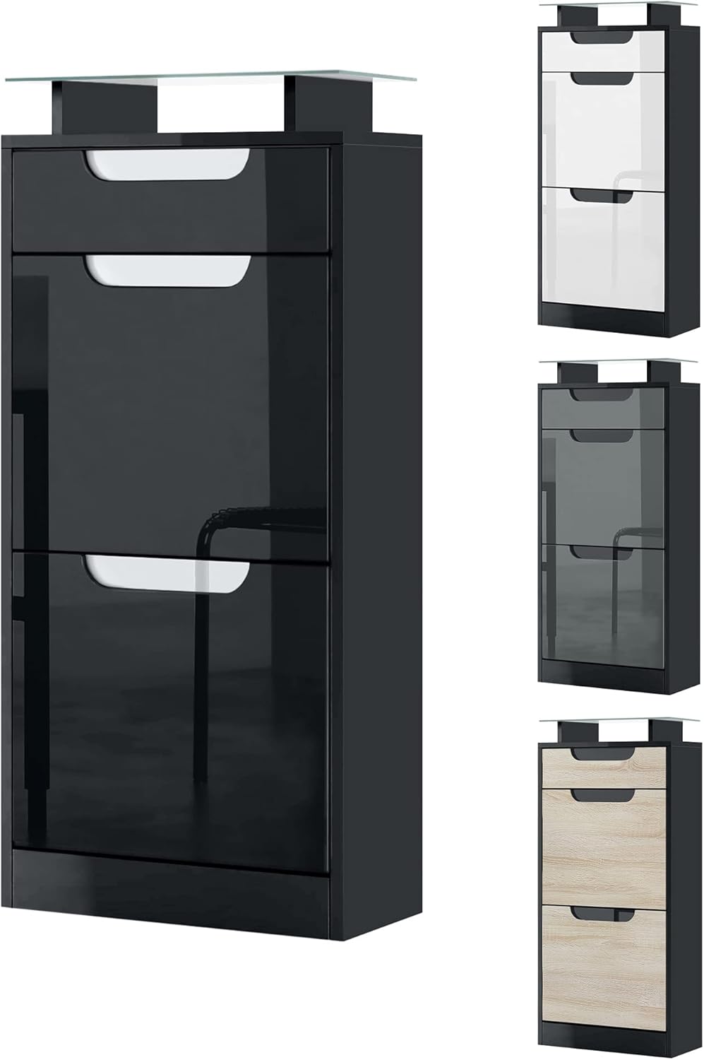 Vladon Schuhschrank Schuhkipper Fiesta V2, Korpus in Schwarz matt/Front in Avola-Anthrazit mit Abset