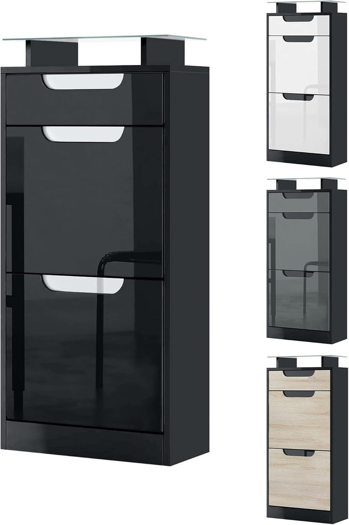 Vladon Schuhschrank Schuhkipper Fiesta V2, Korpus in Schwarz matt/Front in Avola-Anthrazit mit Abset