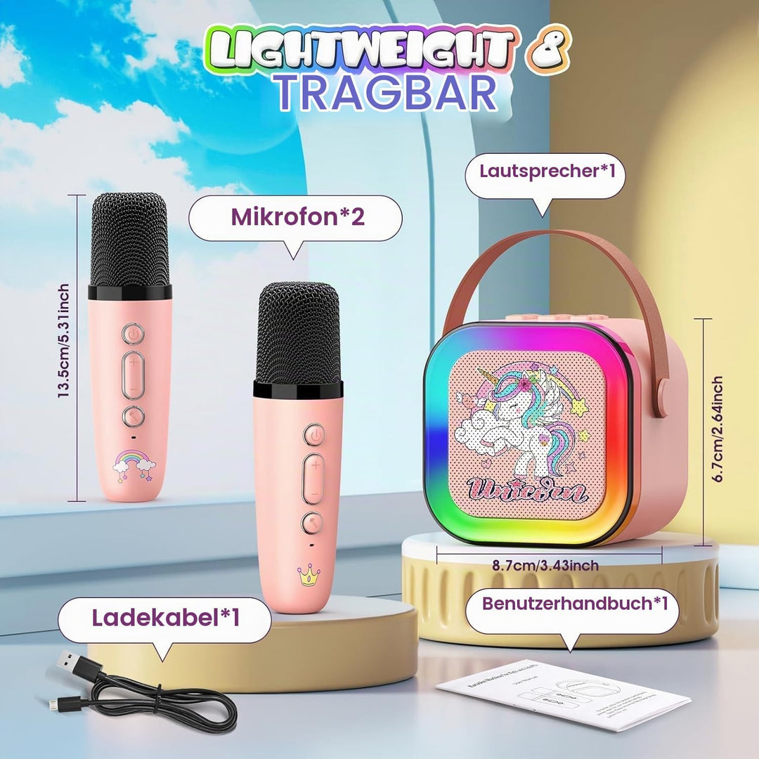Dislocati Karaoke Maschine mit 2 Bluetooth Karaoke Mikrofon, Einhorn Geschenk Spielzeug für Mädchen