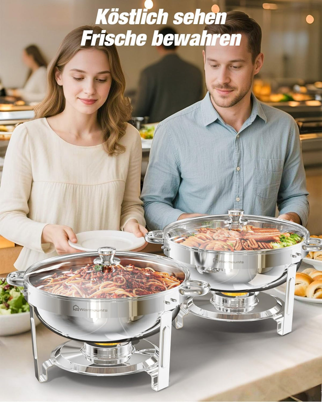 WARMOUNTS Rund Chafing Dish Buffet 2er Set 5L, Speisenwärmer für Catering mit Glasdeckel & Deckelhal