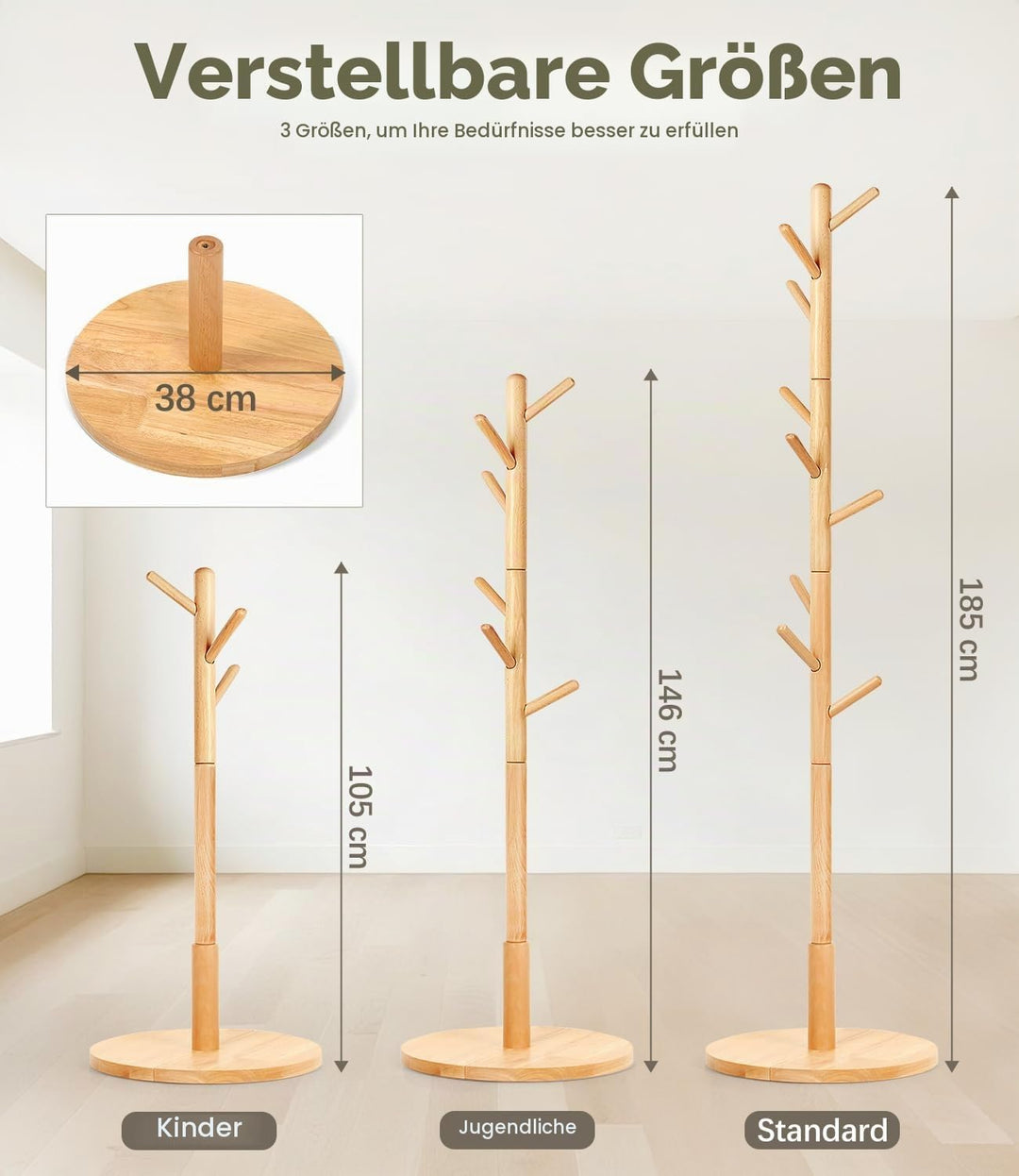 Garderobenständer, Kleiderständer aus Buchenholz Massivholz in Baumform für Kleidung, 9 Haken, 185 x