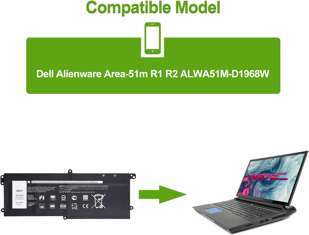 SwarKing Ersatz Akku Kompatibel mit DT9XG Dell Alienware Area-51m R1 R2 ALWA51M-D1968W 07PWKV