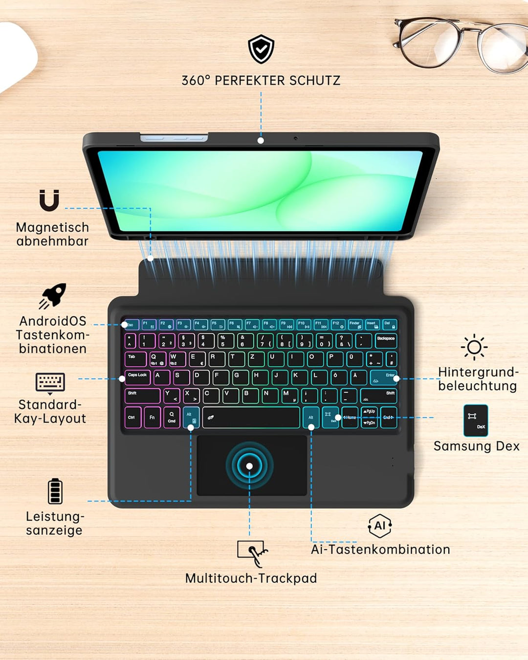ROOFEI 11" Galaxy Tab A11+ Plus/A9+ Plus Hülle mit Tastatur QWERTZ - Abnehmbare Tastatur mit Touchpa