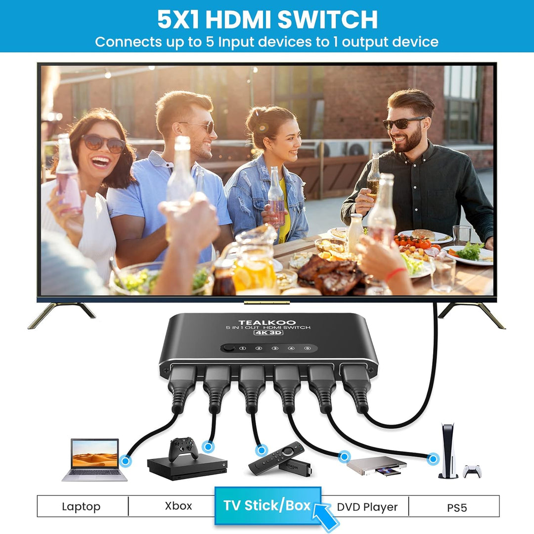 HDMI Splitter HDMI Switch, 4K Aliminium HDMI Switch 5 In 1 Out Automatisch HDMI Switcher mit Fernbed