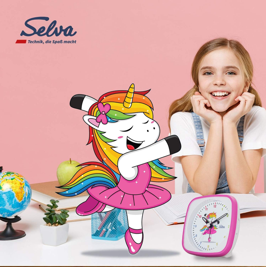 SELVA Quarzwecker Einhorn-Ballerina, perfekt zur Einschulung pink/weiss. Schleichende Sekunde lautlo