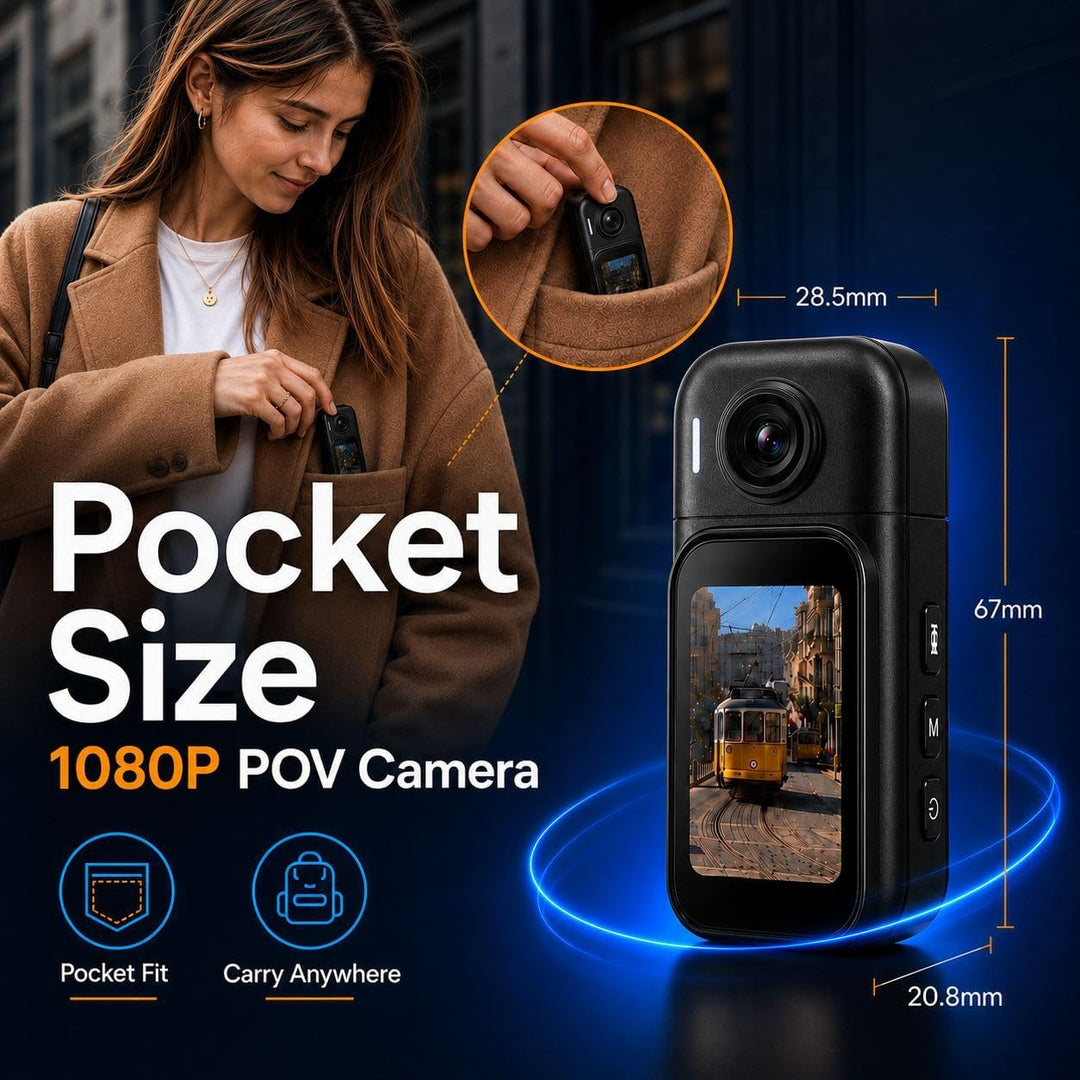 Body Camera with 180° Rotatable Lens and Water-Proof Case for Diving, WiFi Thumb-Sized Action Camera