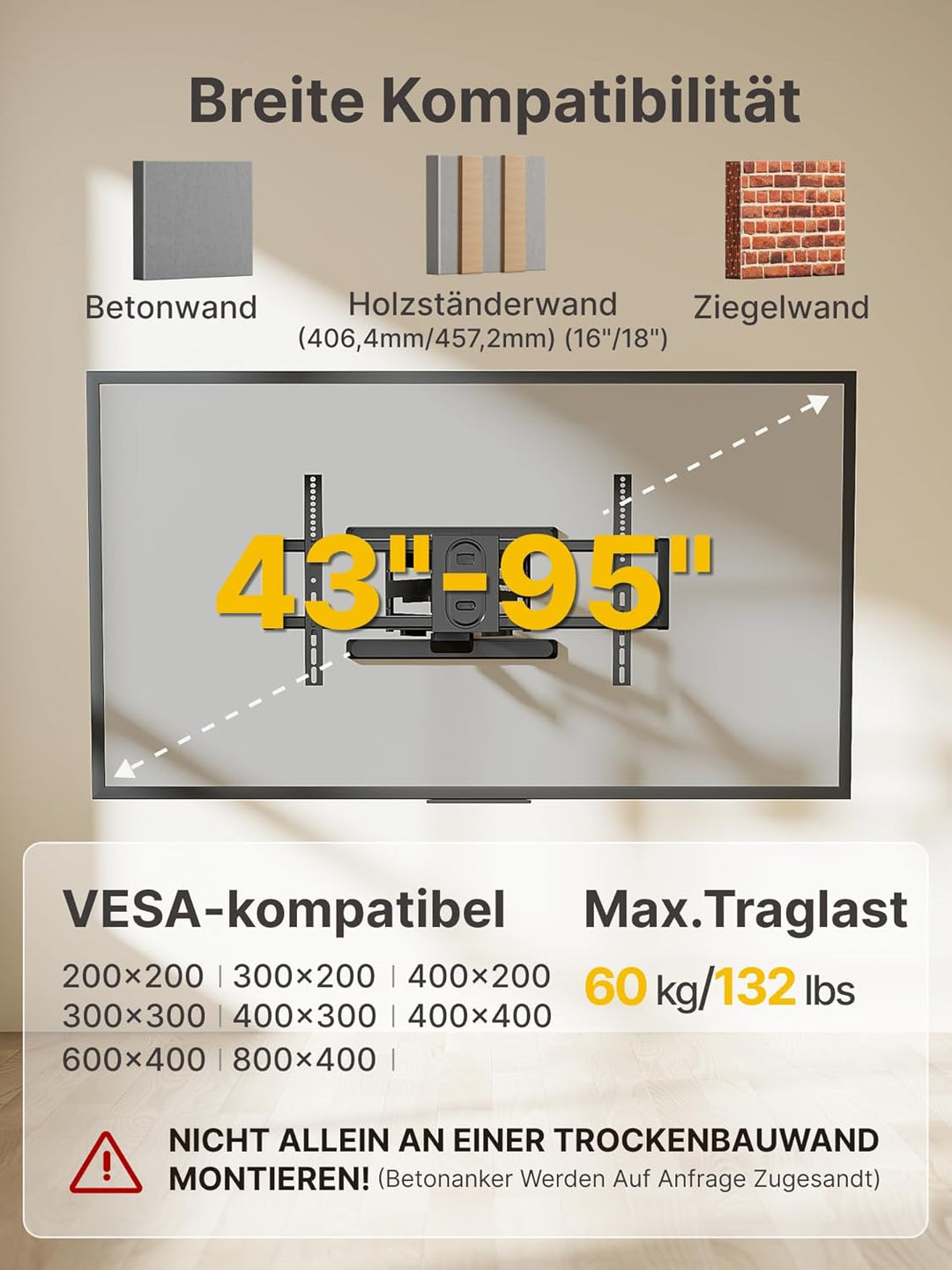 monTEK TV Wandhalterung für 43-95 Zoll Flach &amp; Curved Monitor bis zu 60kg, Schwenkbare und Neigbare