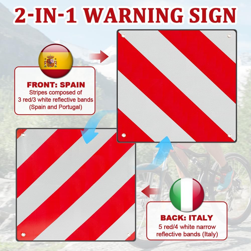 2 in1 Aluminium Warning Sign for Italy/Spain, 2 Stück Warning Sign Italy and Spain with 8 Tie Down S