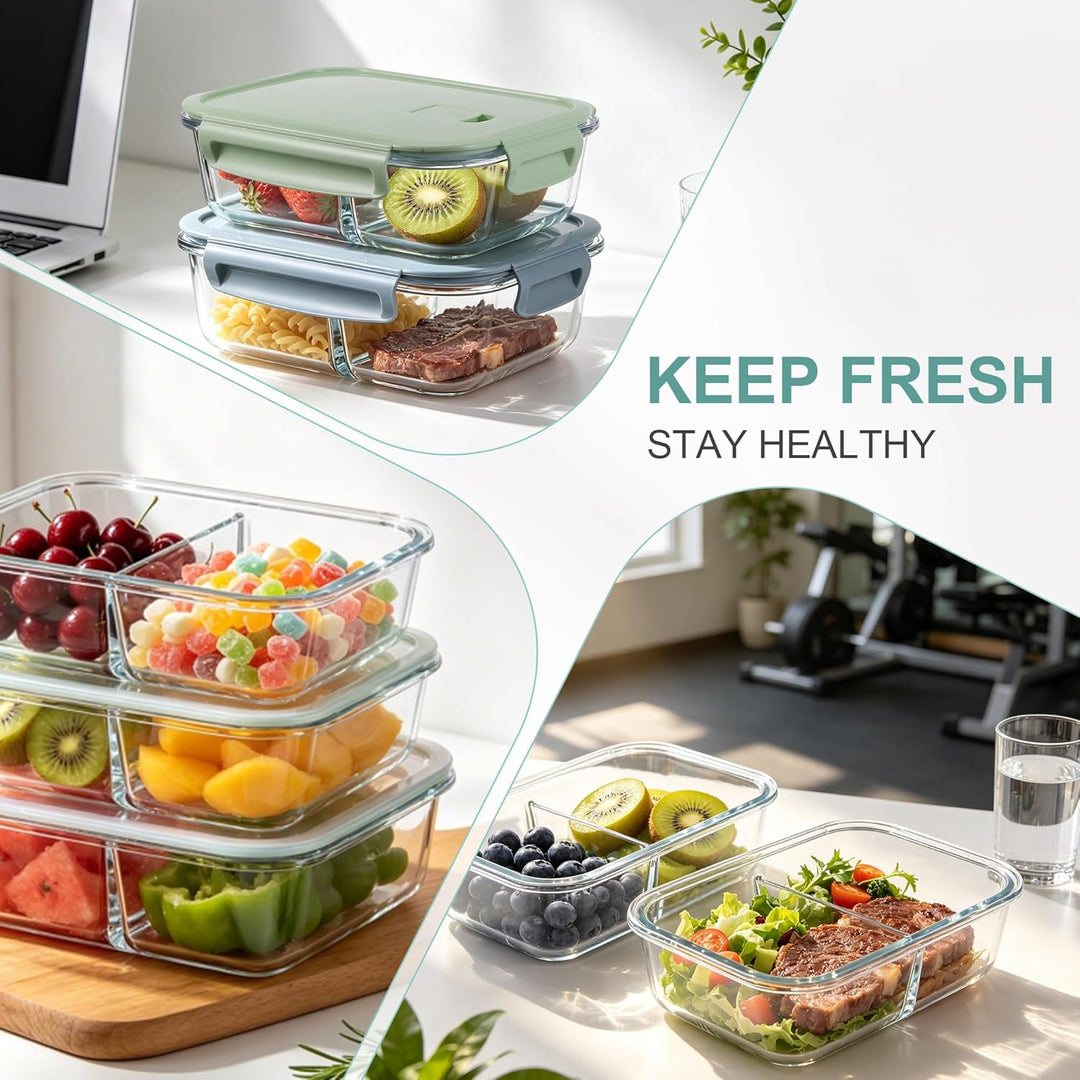 Zocipro 5 Stück Meal Prep Boxen Glas 1040ml mit 2 Fächern | Glasbehälter mit Deckel, Frischhaltedose