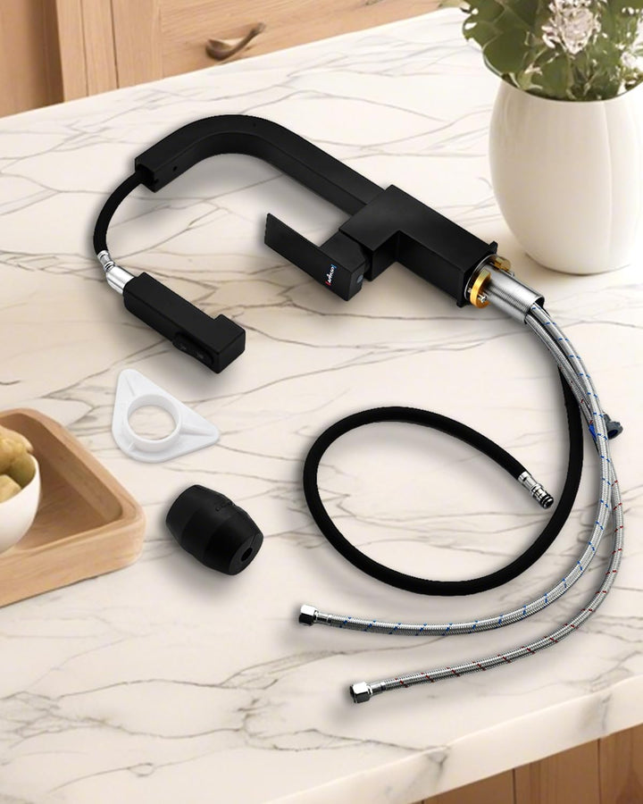 APPASO Wasserhahn Küche Schwarz, Küchenarmatur Ausziehbar Hochdruck, Mischbatterie 360° Drehbar mit