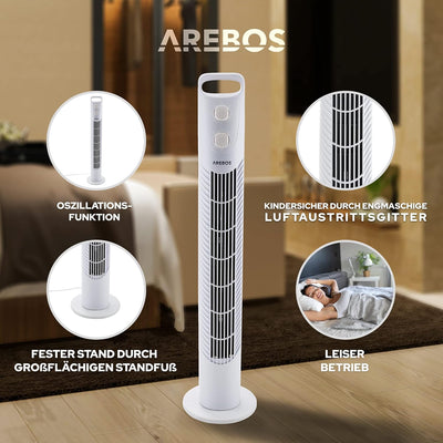 Arebos Turmventilator mit Timer | 40 Watt | 75°-Oszillation | Ventilator mit 3 Geschwindigkeitsstufe