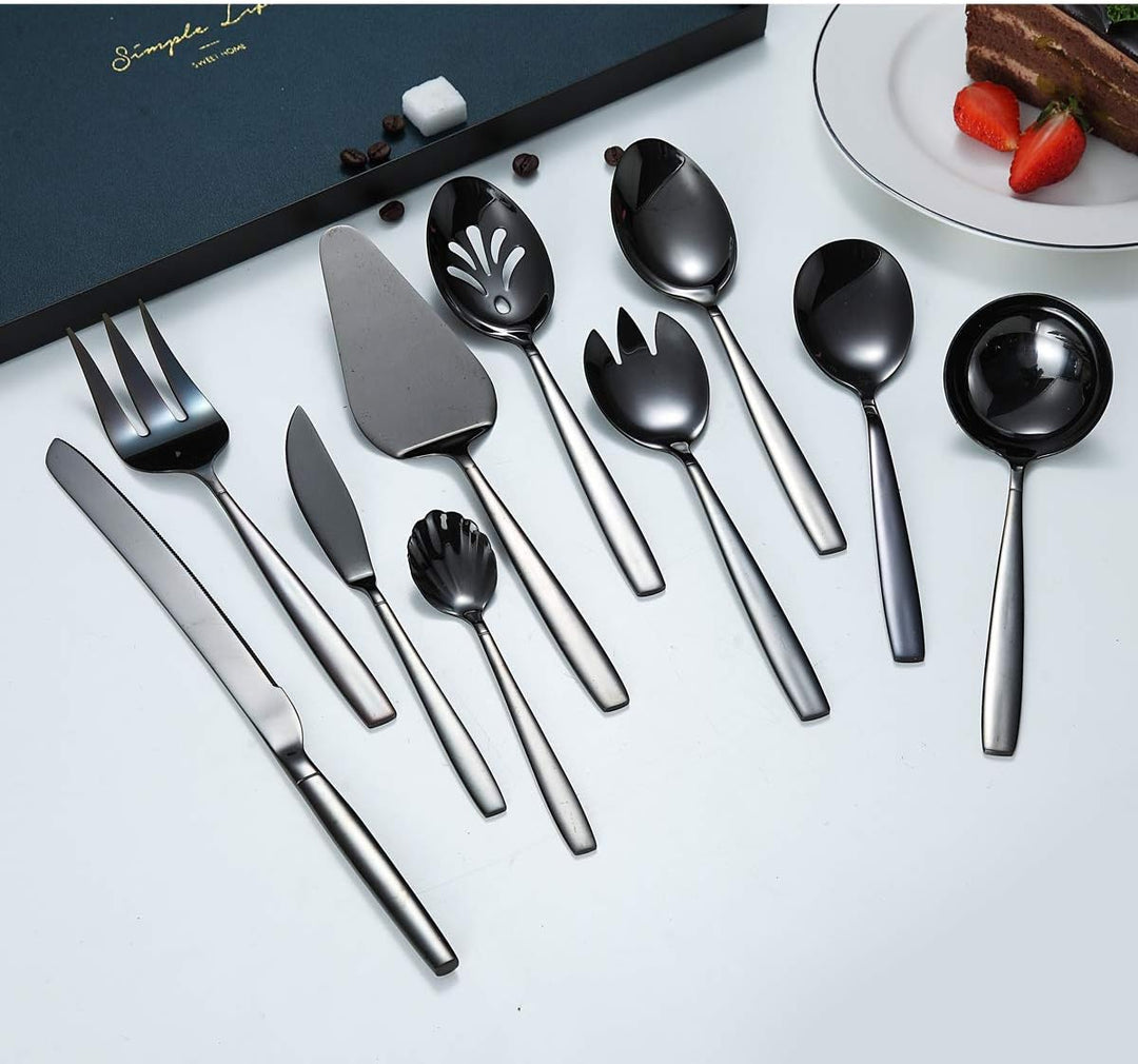 Berglander Black Silverware Servierset 10-teilig, Edelstahl-Besteck-Servierset mit schwarzer Titanbe
