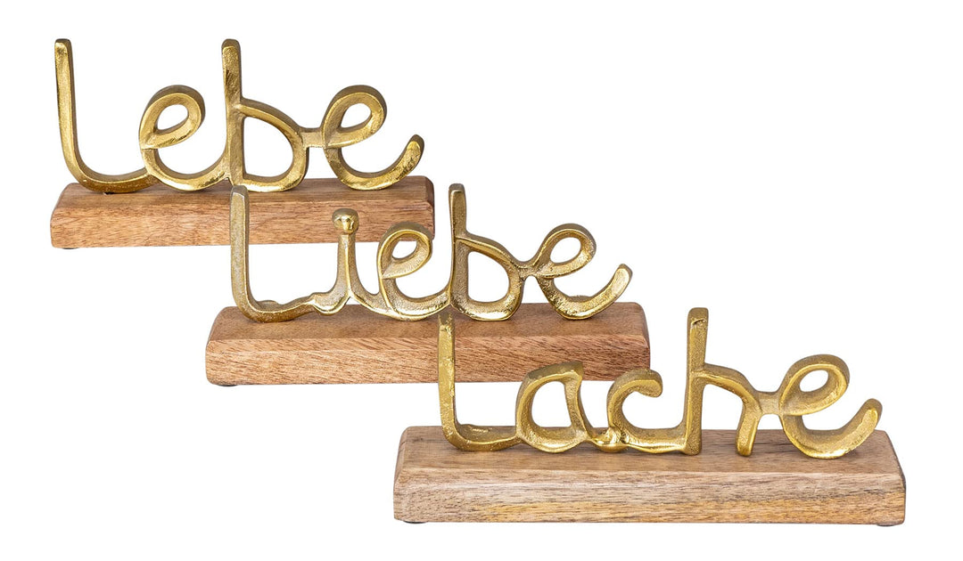 levandeo 3er Set Schriftzug Lache Liebe Lebe L22cm Metall Gold Mango Holz Deko Aufsteller Tischdeko