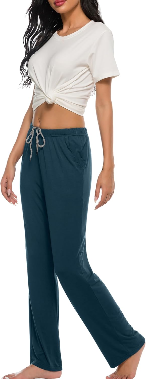 JINSHI Damen Schlafanzughose Lang Pyjamahose Weich Modal Nachtwäsche Freizeithose S Schwarz+blau, S