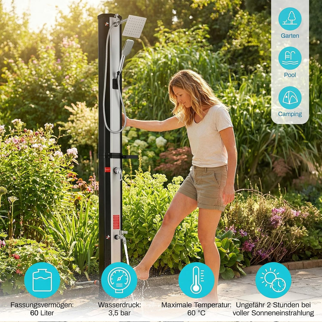 Solardusche, Solar Gartendusche 60 Liter inkl. Handbrause, 360° Duschkopf, Fussdusche, Gartenschlauc