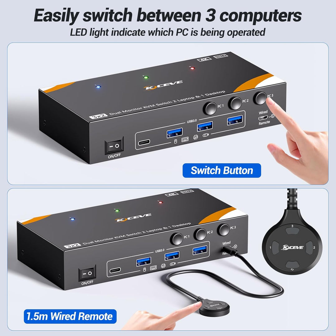 KVM Switch 3 PC 2 Monitore USB-C HDMI, USB 3.0 Dual Monitor KVM Switch für 2 Laptops 1 Desktop Teile