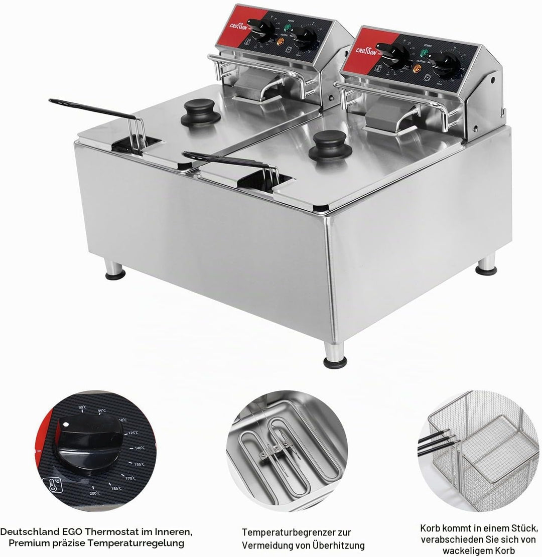 CROSSON 16L Elektrische Fritteuse mit doppeltem Tank und rotierendem Fritteusenkopf, 30-Minuten-Time