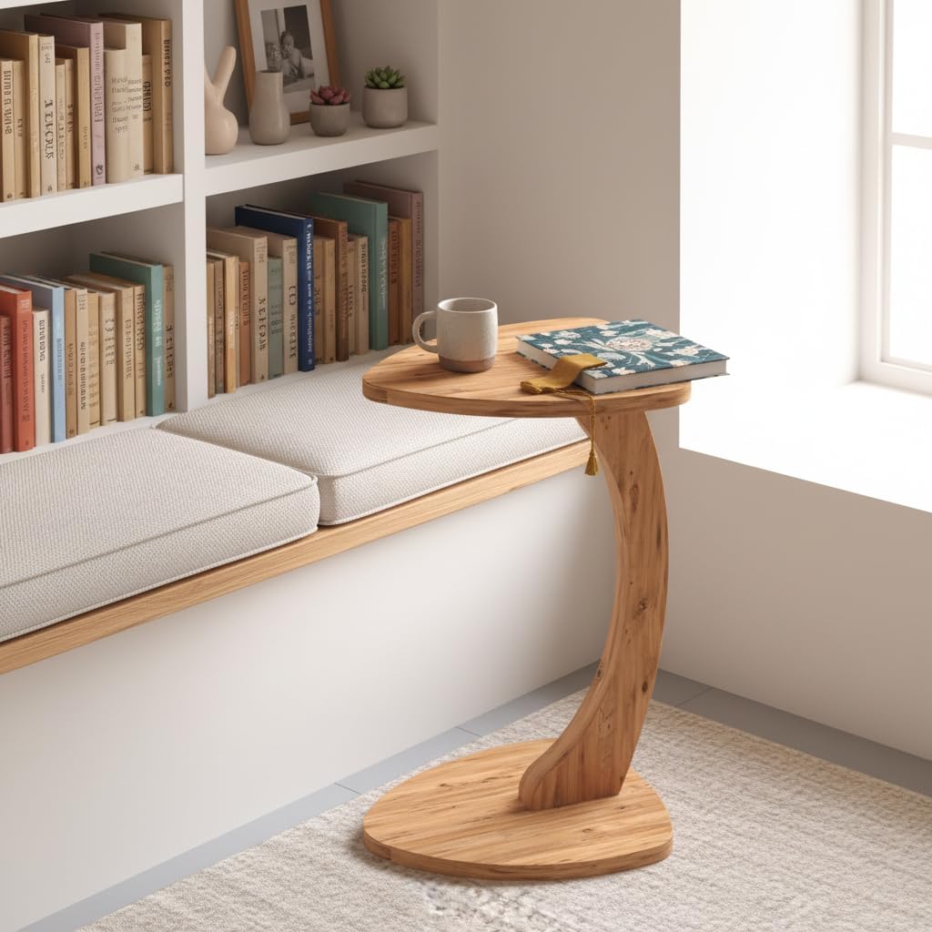 Beistelltisch C-Form Reuleaux-Dreieck, Oak, Sofatisch mit Rollen, Couchtisch, Laptoptisch Couch, 56